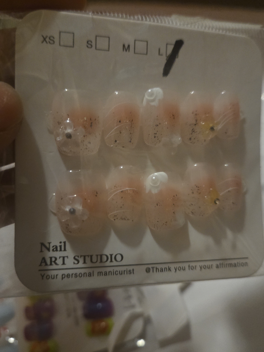 Nail Art Studio Press-On Nails - Soft Peach with Glitter & 3D Flowers